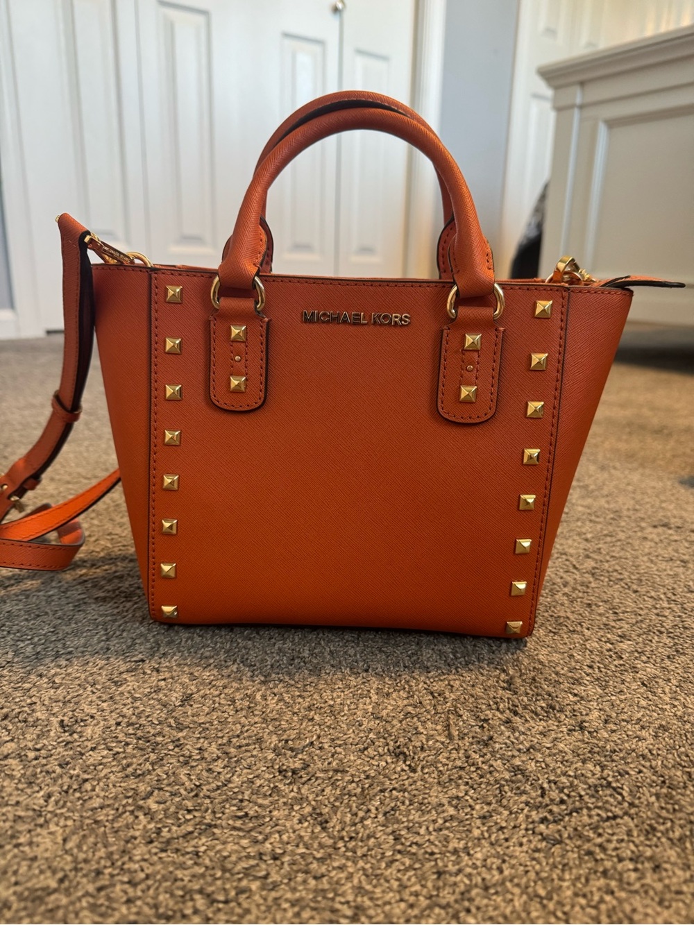 Michael Kors Orange Saffiano Mini Satchel with Gold Studs